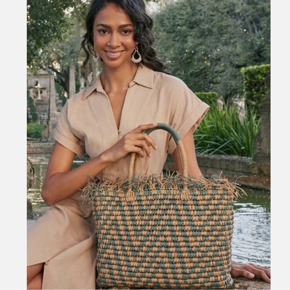 Patricia Nash Leather Turquoise Blue and Tan Straw Woven Tote - Picture 8 of 11